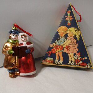Vintage Christmas Holiday Ornament Carolers and Candy Cookie Treat Box Container